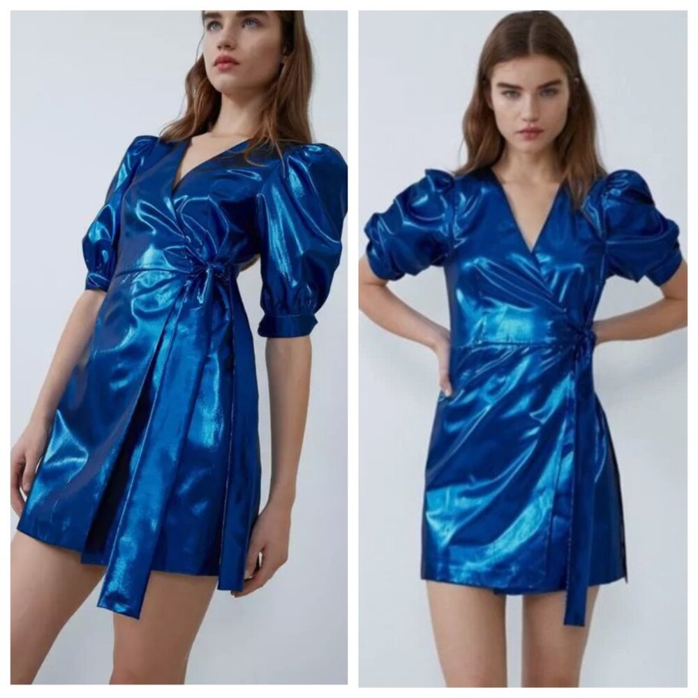 Zara Metallic Blue Puff Long Sleeve Wrap Dress